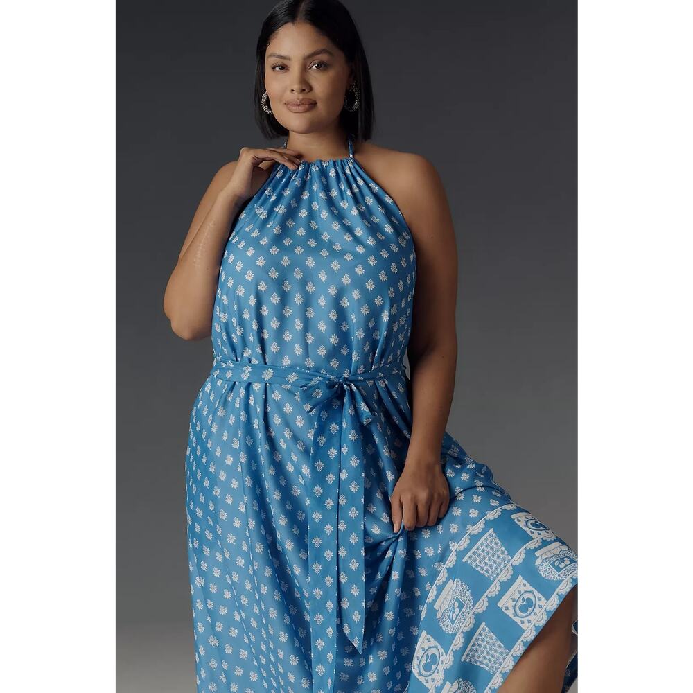 New Anthropologie Rachel Antonoff Rainey Halter Maxi Dress $348 PLUS 1X Blue - Picture 2 of 5